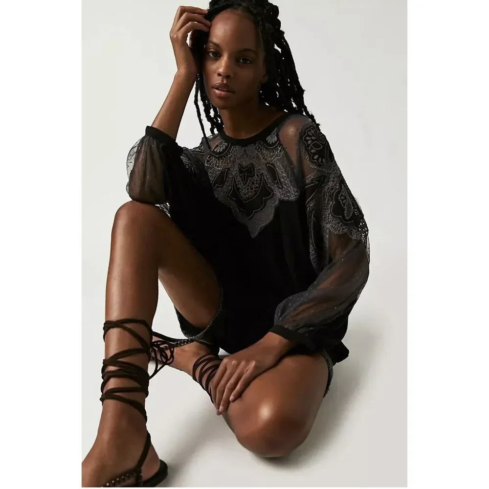 NEW Free People Toni Top Black Mesh Relaxed Fit Size M
